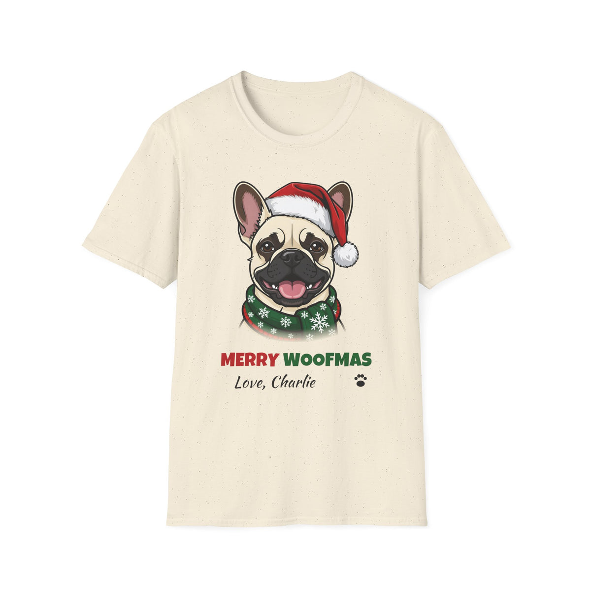 Merry Woofmas Cream French Bulldog Christmas t-shirt in Natural, front view