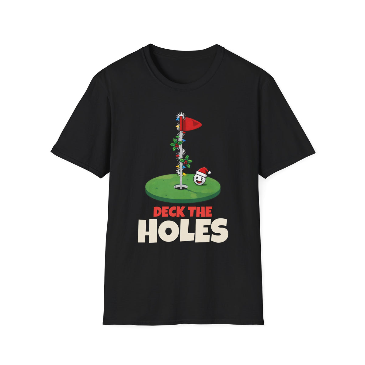 Deck the Holes Christmas t-shirt in Black, front view