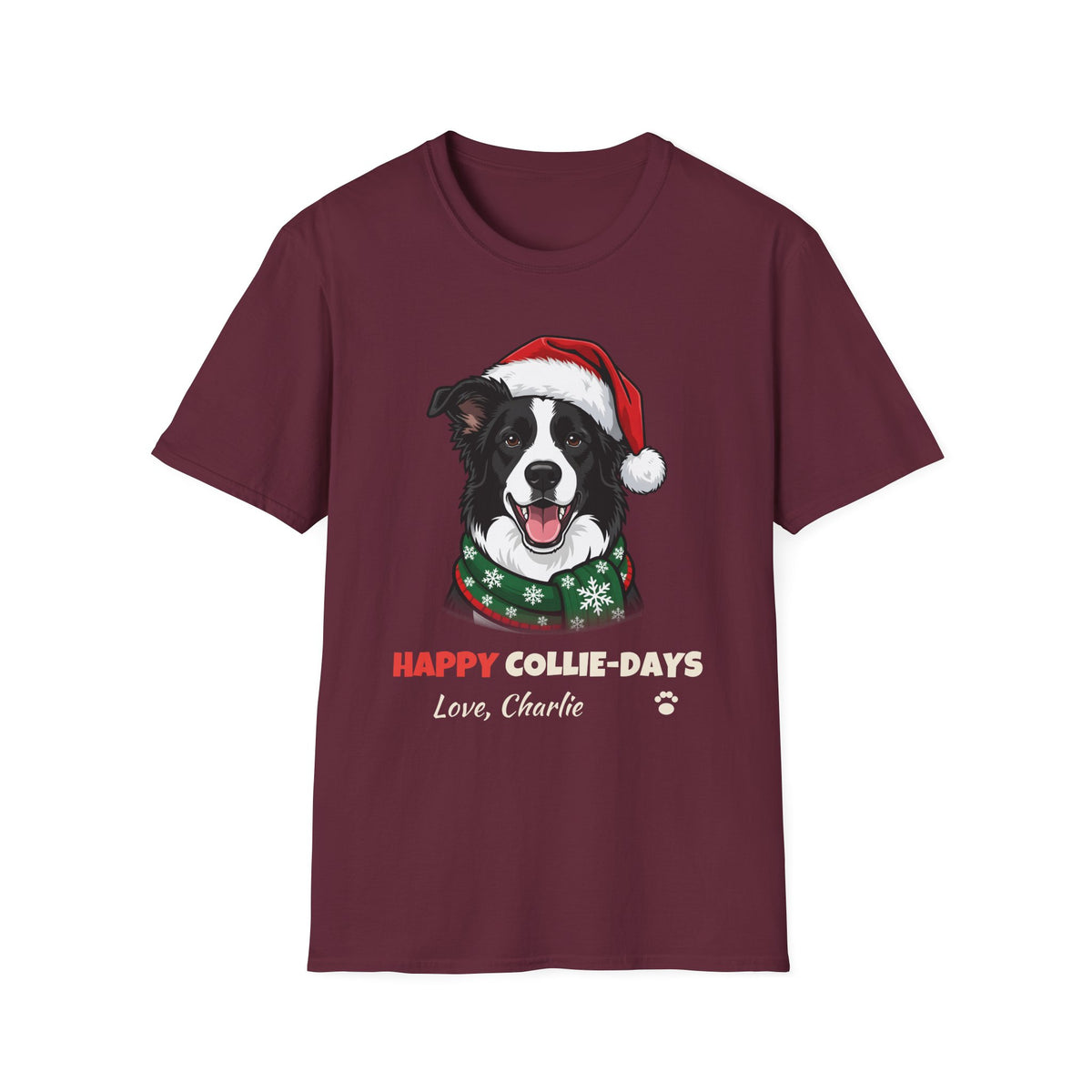Happy Collie-Days Border Collie Christmas t-shirt in Maroon, front view