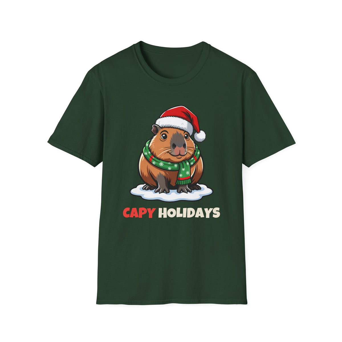 Capy Holidays Christmas t-shirt in Forest Green, front view