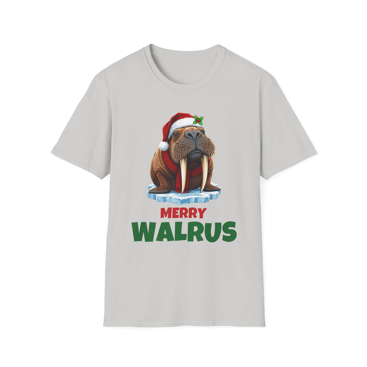 Merry Walrus Christmas t-shirt in Ice Gray, front view