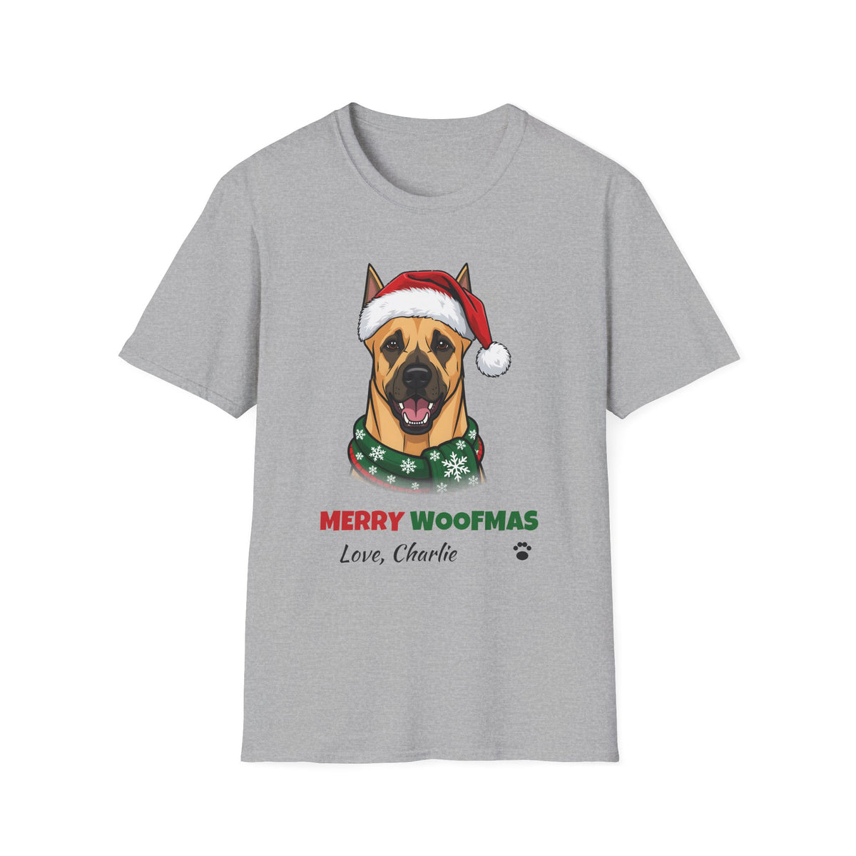 Merry Woofmas Great Dane Christmas t-shirt in Sport Gray, front view