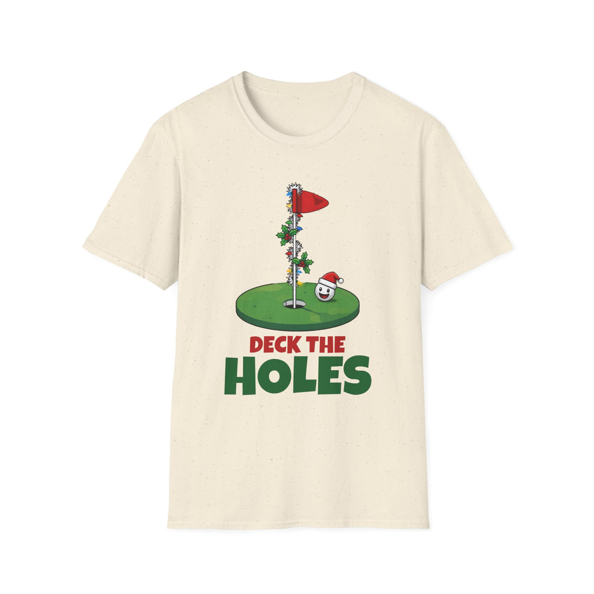 Deck the Holes Christmas t-shirt in Natural, front view