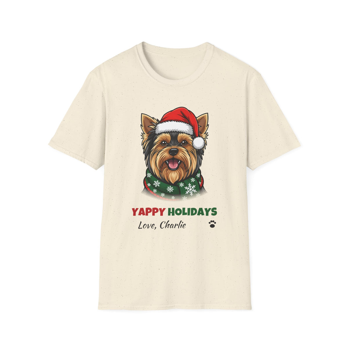 Yappy Holidays Yorkshire Terrier Christmas t-shirt in Natural, front view