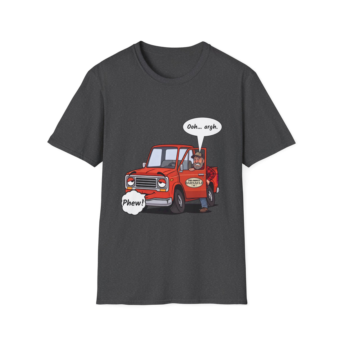 Tired Truck Phew t-shirt in Dark Heather, front view