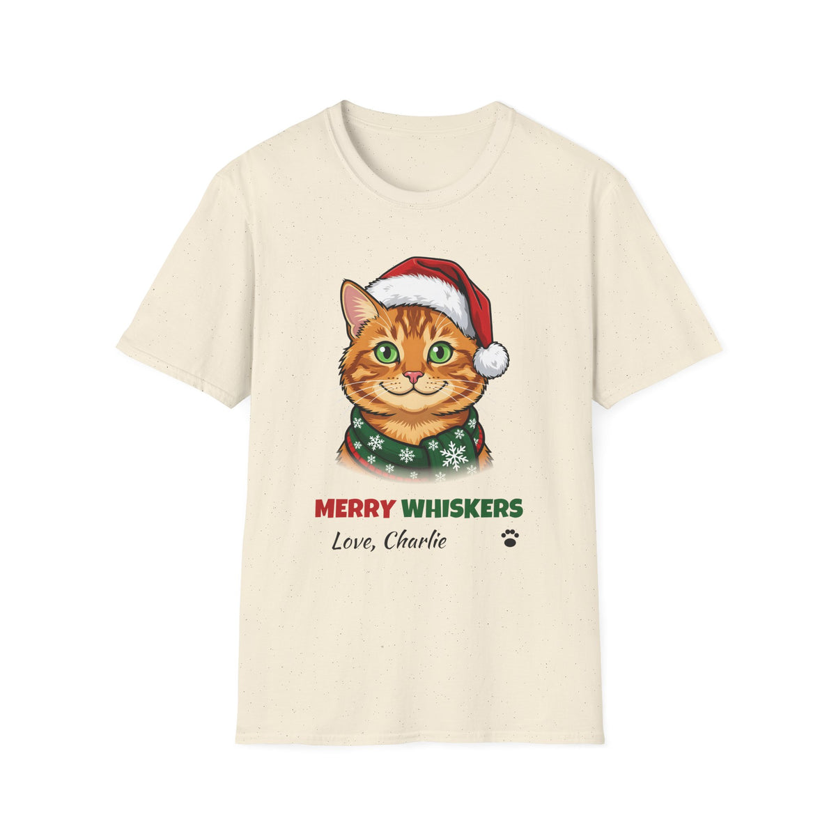 Merry Whiskers Ginger Tabby Cat Christmas t-shirt in Natural, front view