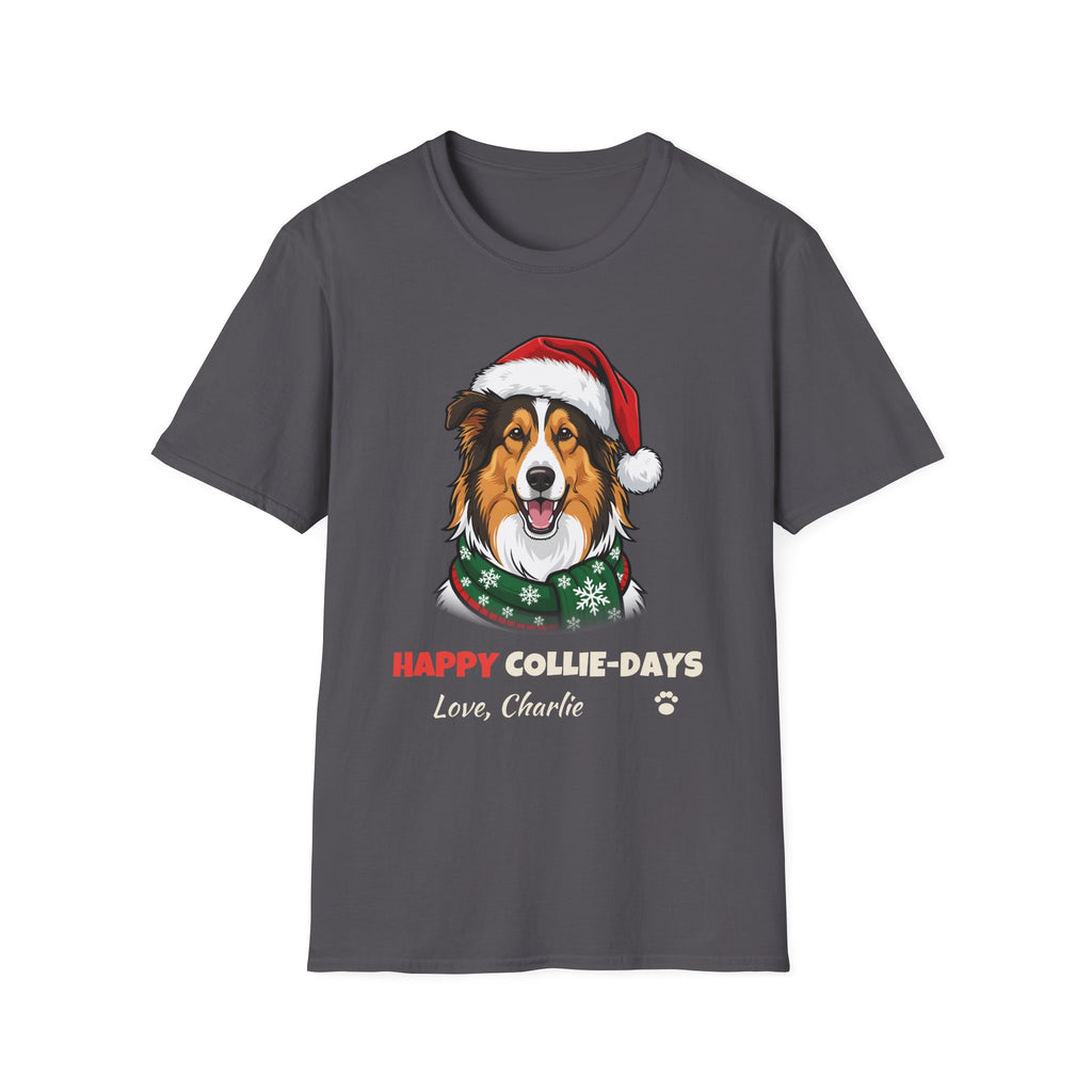 Happy Collie-Days Rough Collie Christmas t-shirt in Charcoal, front view