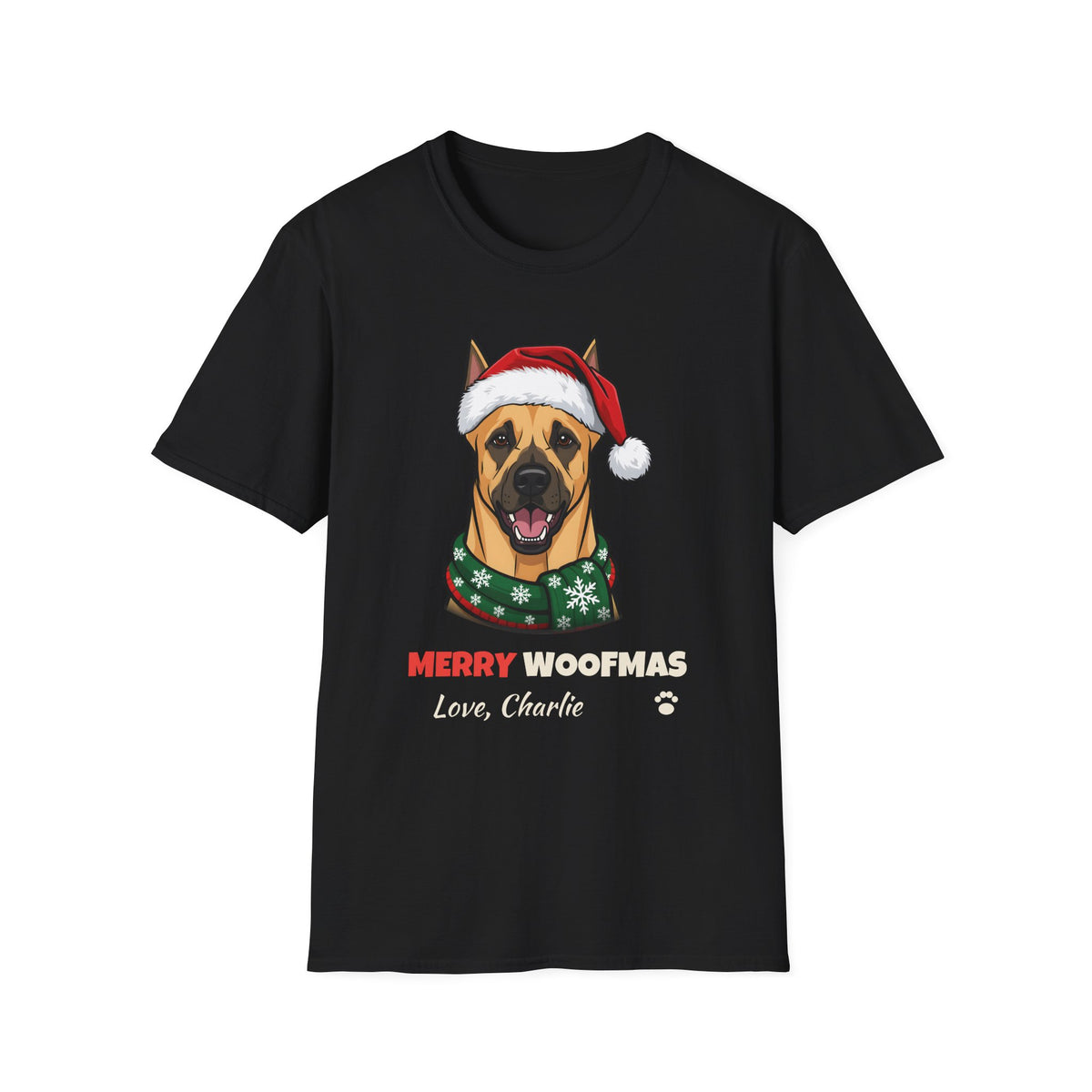 Merry Woofmas Great Dane Christmas t-shirt in Black, front view