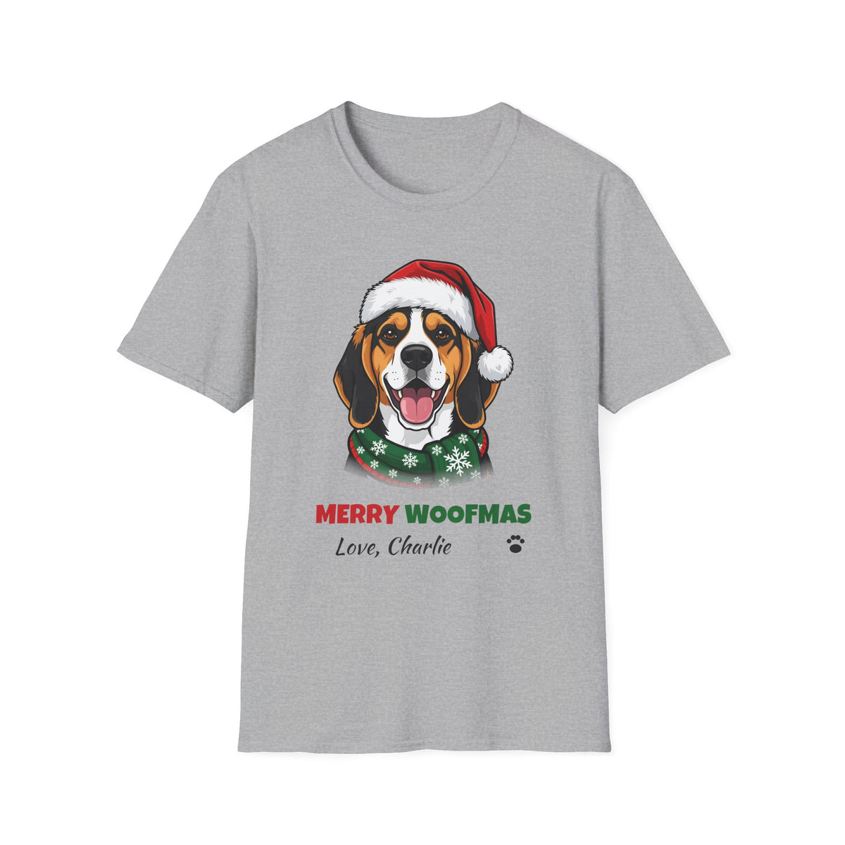 Merry Woofmas Beagle Christmas t-shirt in Sport Gray, front view