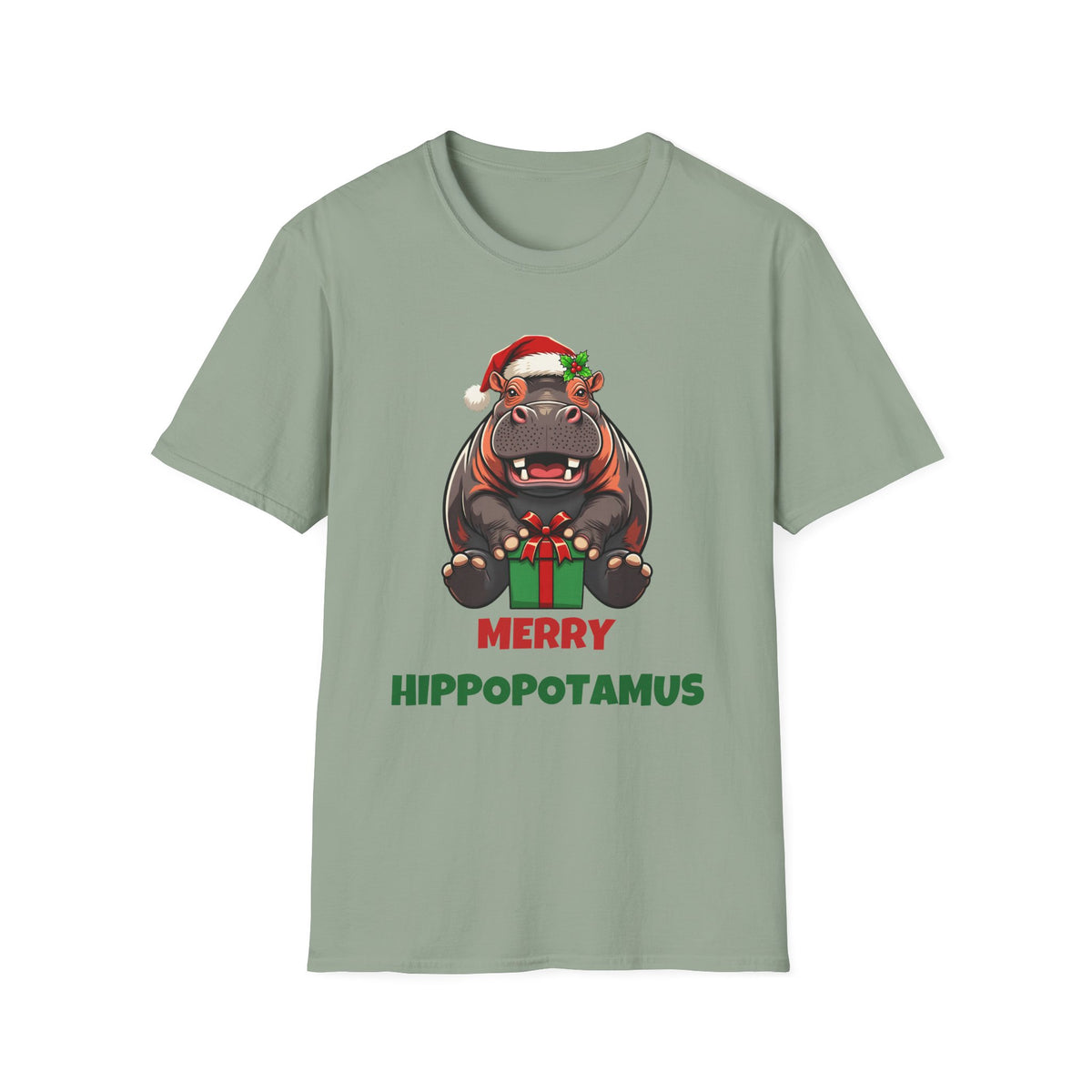 Merry Hippopotamus Christmas t-shirt in Sage, front view