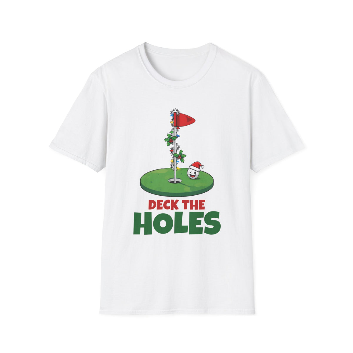 Deck the Holes Christmas t-shirt in White, front view