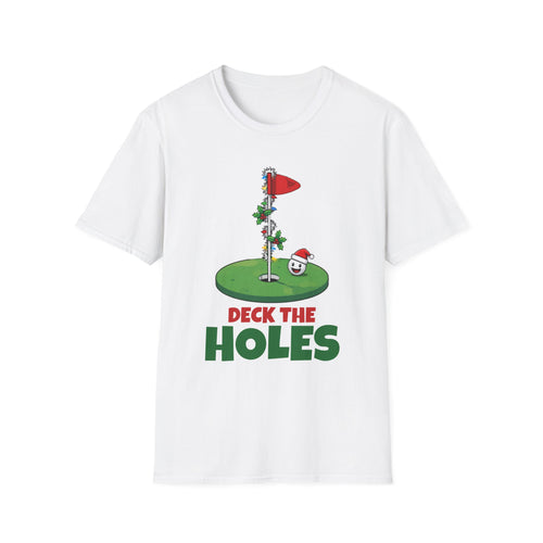Deck the Holes Christmas t-shirt in White, front view