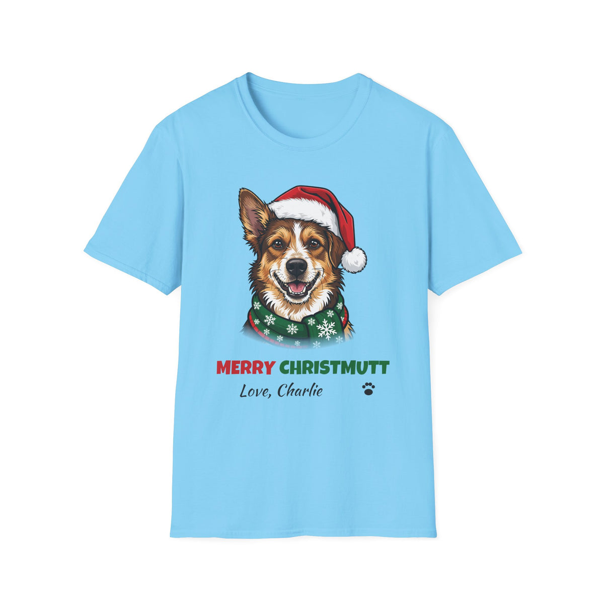 Merry Christmutt Mixed Breed Christmas t-shirt in Sky, front view