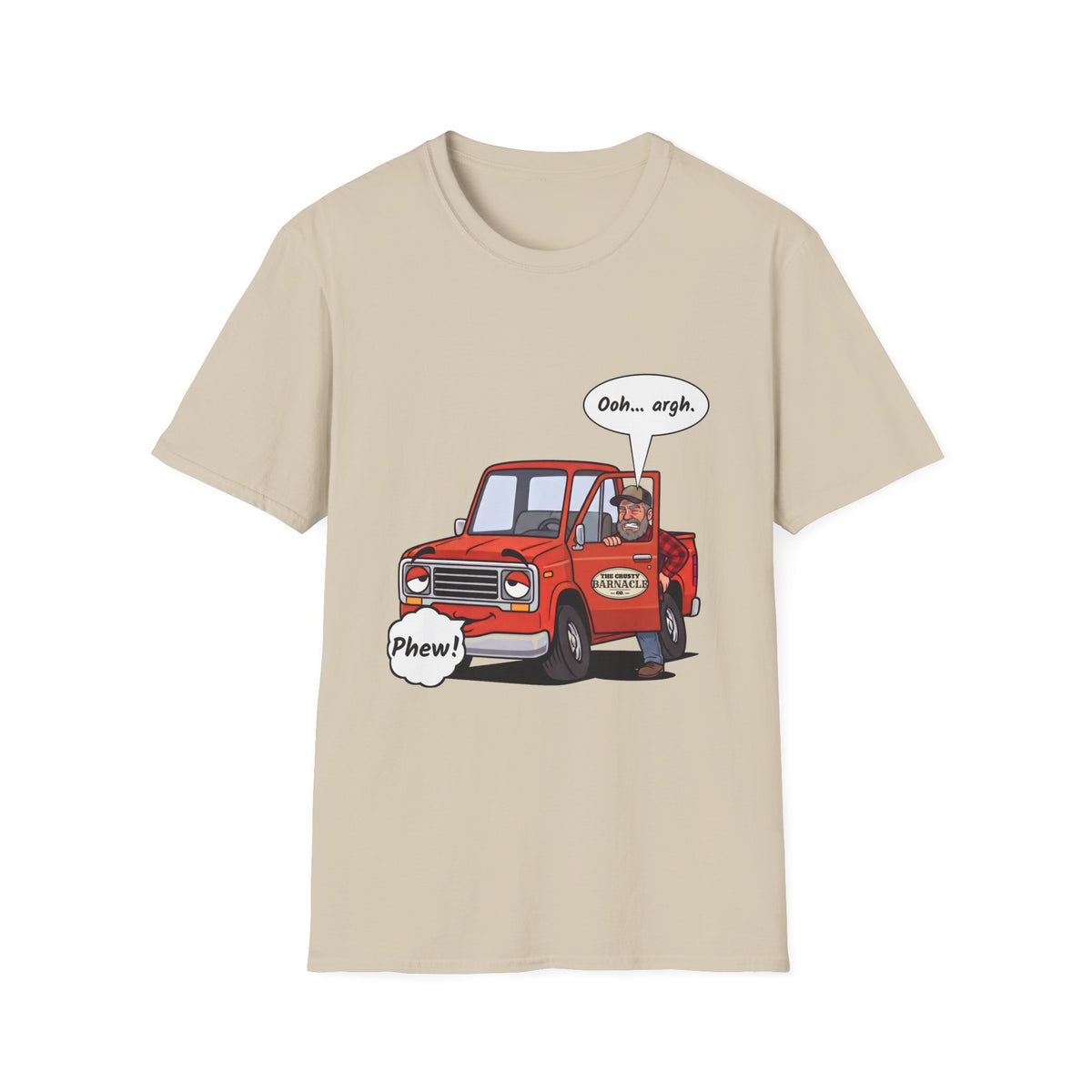 Tired Truck Phew t-shirt in Sand, front view
