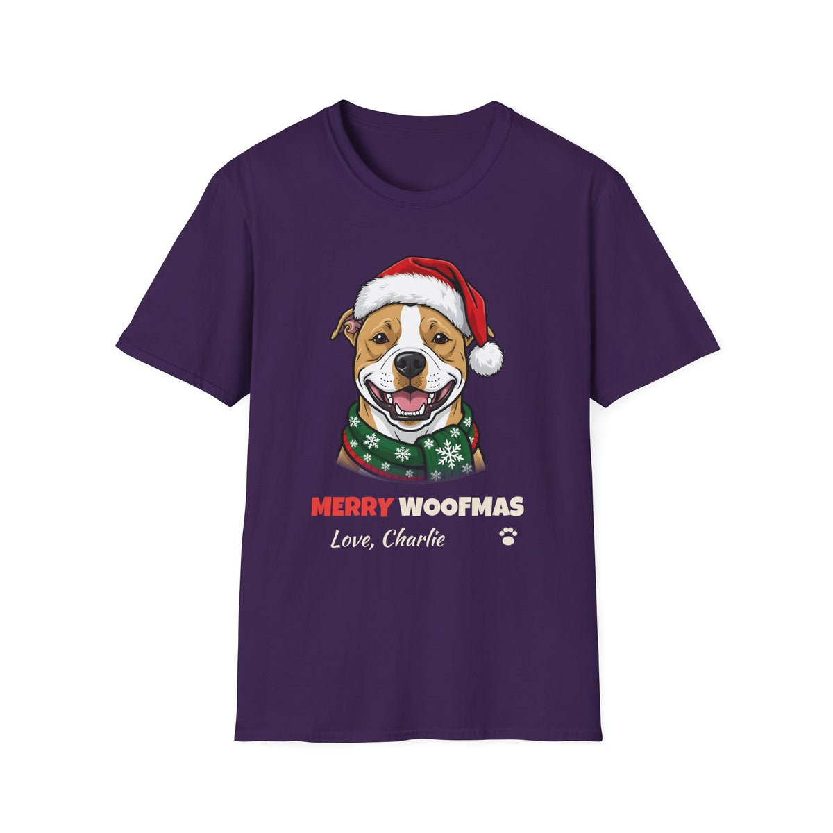 Merry Woofmas Pit Bull Christmas t-shirt in Purple, front view