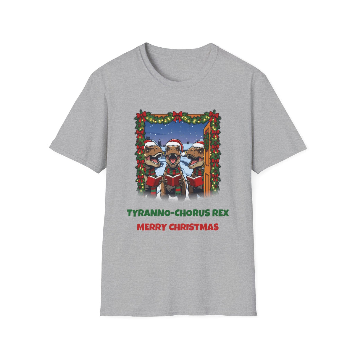 Tyranno-Chorus Rex Christmas t-shirt in Sport Gray, front view