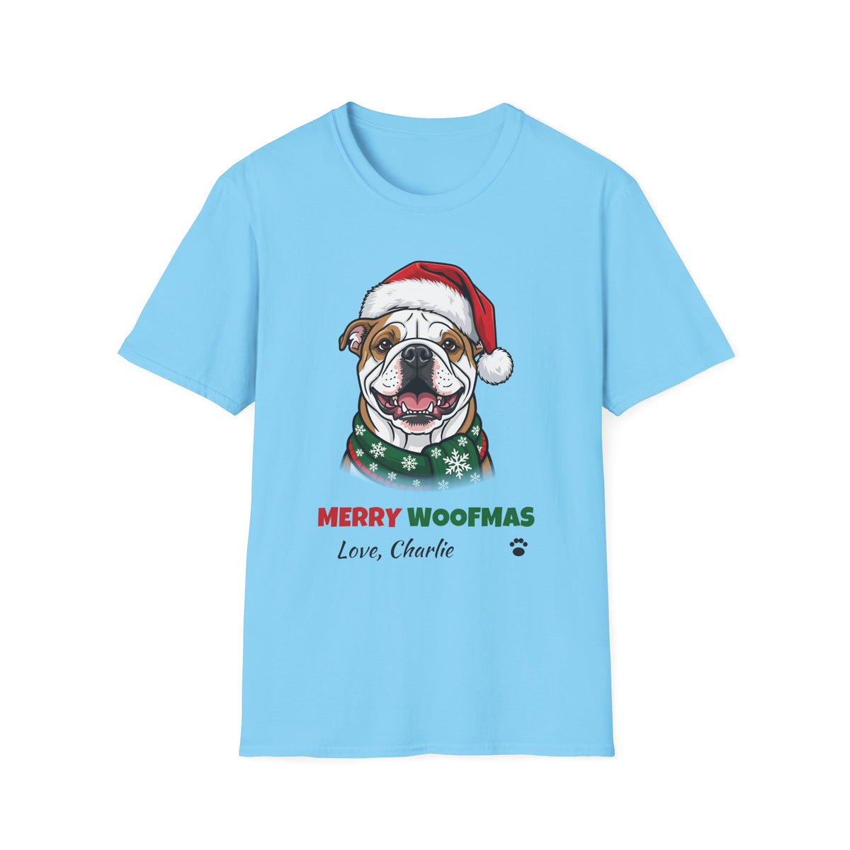 Merry Woofmas Bulldog Christmas t-shirt in Sky, front view