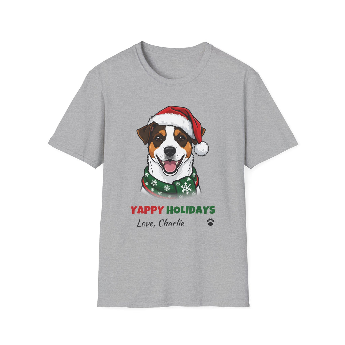 Yappy Holidays Jack Russell Terrier Christmas t-shirt in Sport Gray, front view