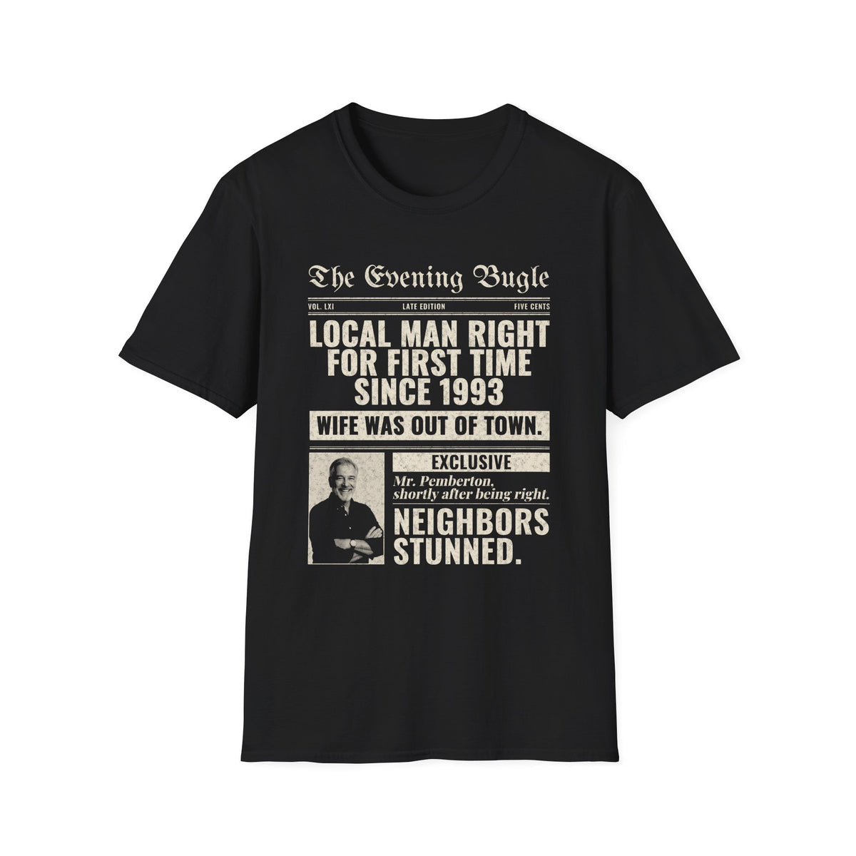 Evening Bugle Dad Joke t-shirt in Black, front view
