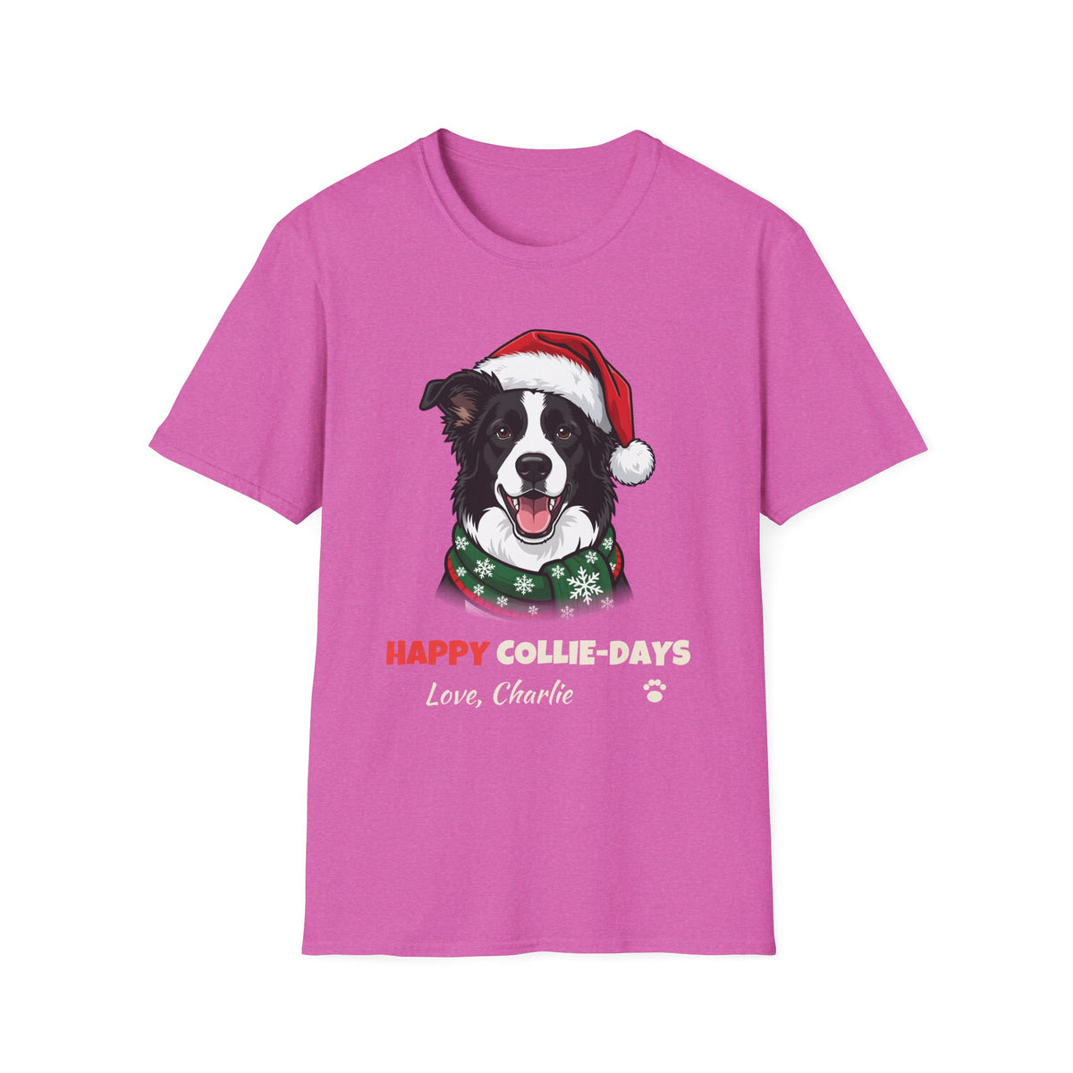 Happy Collie-Days Border Collie Christmas t-shirt in Heather Berry, front view