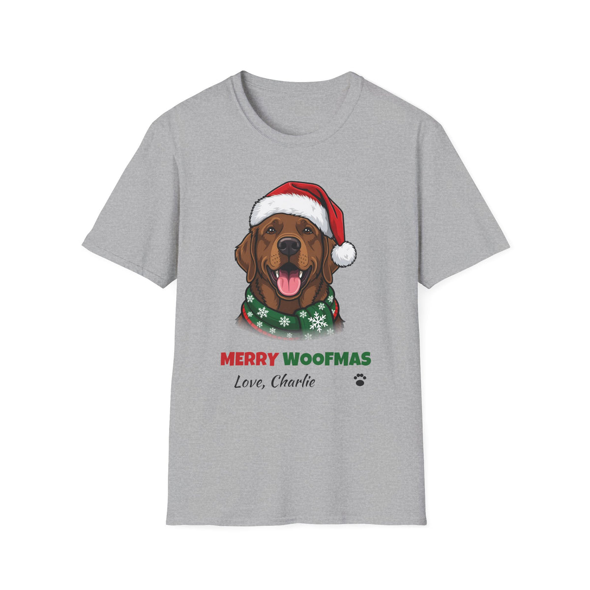 Merry Woofmas Chocolate Labrador Christmas t-shirt in Sport Gray, front view