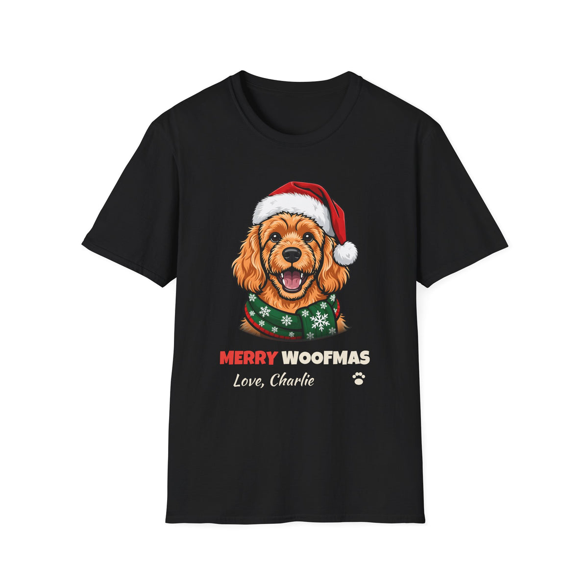 Merry Woofmas Apricot Cavapoo Christmas t-shirt in Black, front view