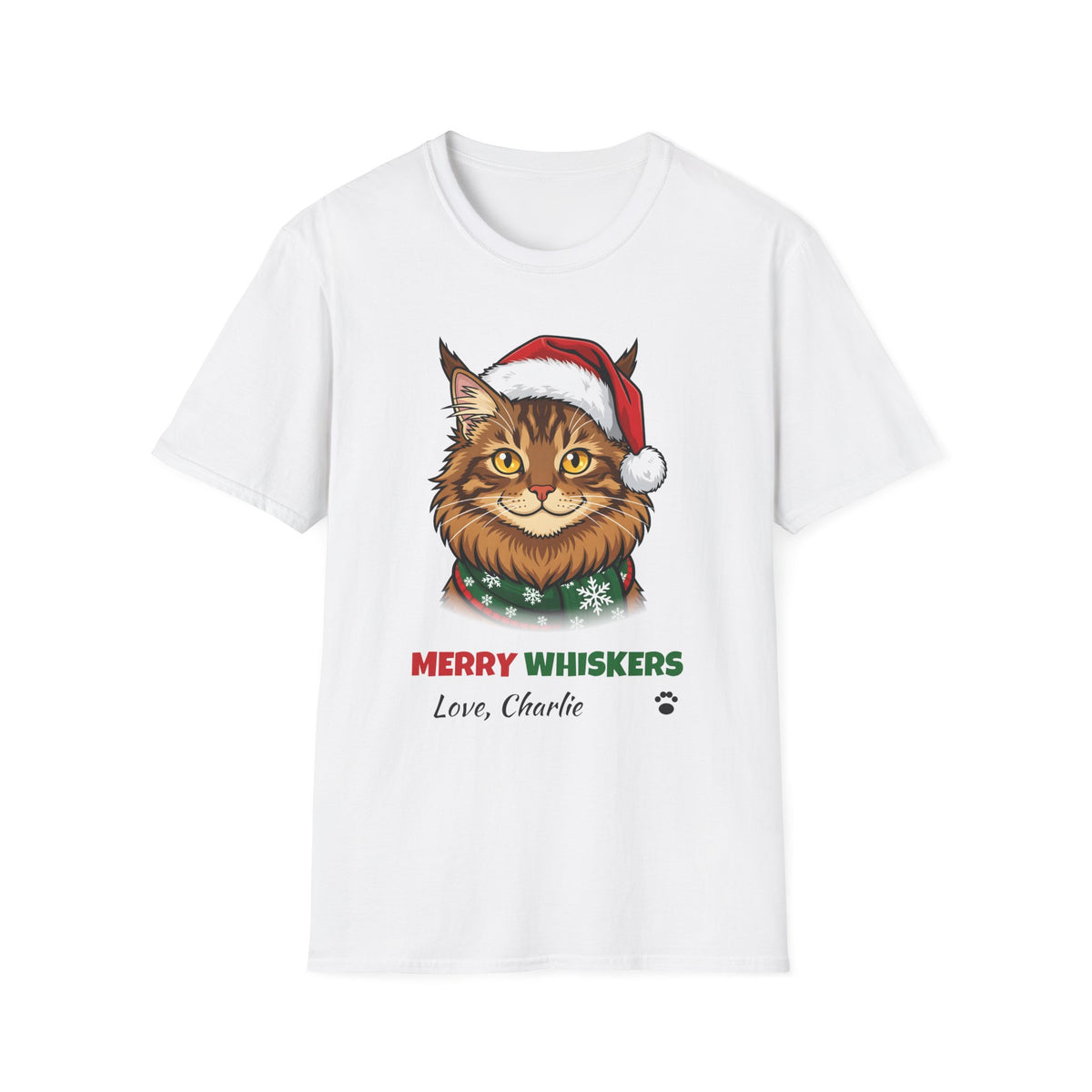 Merry Whiskers Maine Coon Cat Christmas t-shirt in White, front view