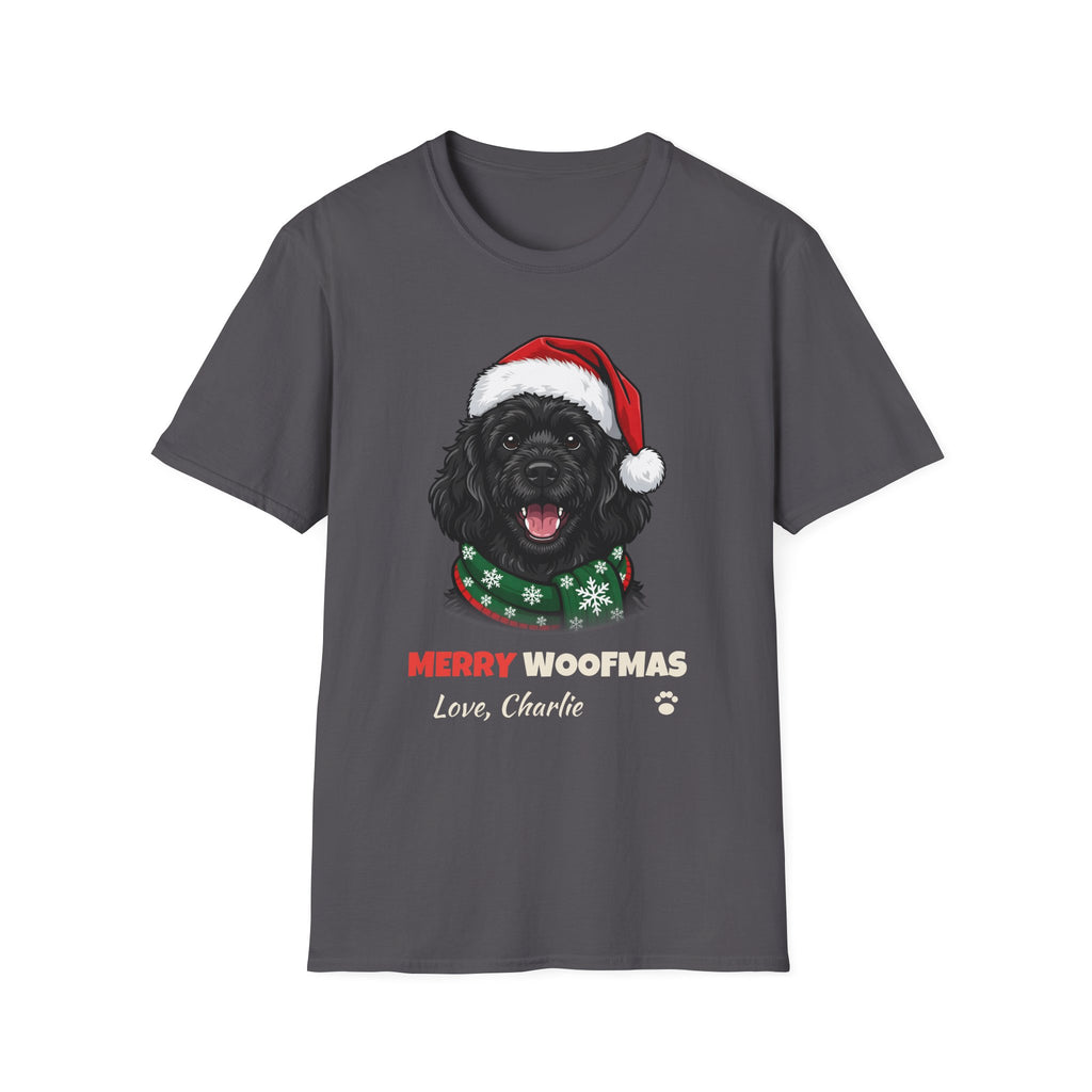 Merry Woofmas Cavapoo Christmas t-shirt in Charcoal, front view