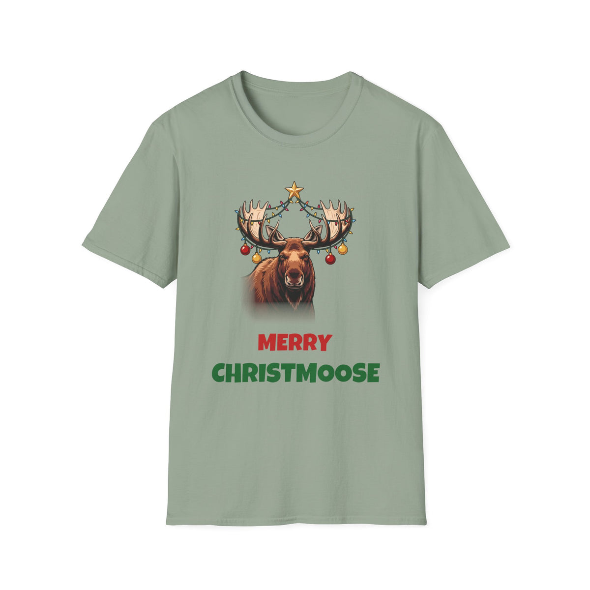 Merry Christmoose Christmas t-shirt in Sage, front view