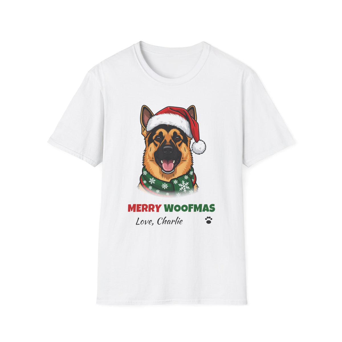Merry Woofmas German Shepherd Christmas t-shirt in White, front view