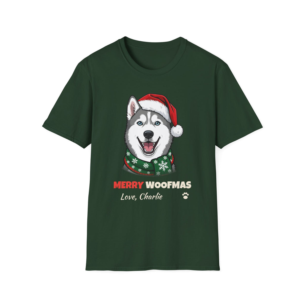 Merry Woofmas Siberian Husky Christmas t-shirt in Forest Green, front view