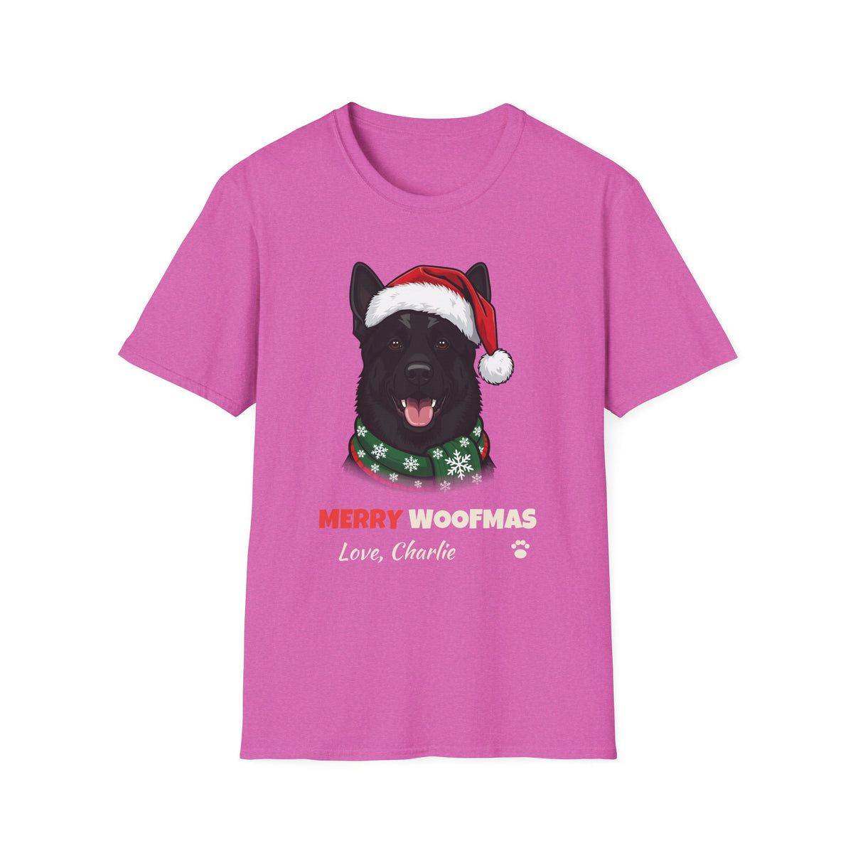 Merry Woofmas Black German Shepherd Christmas t-shirt in Heather Berry, front view