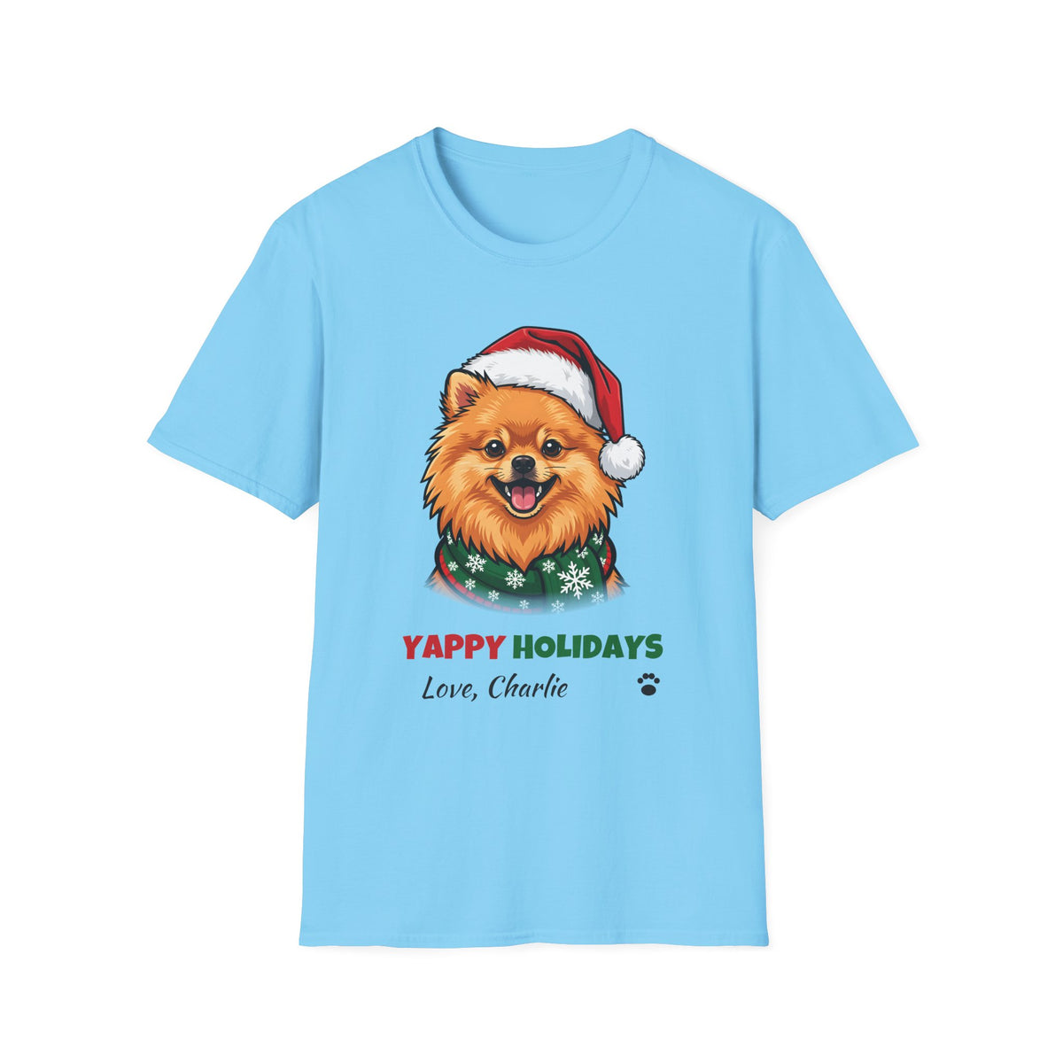 Yappy Holidays Pomeranian Christmas t-shirt in Sky, front view