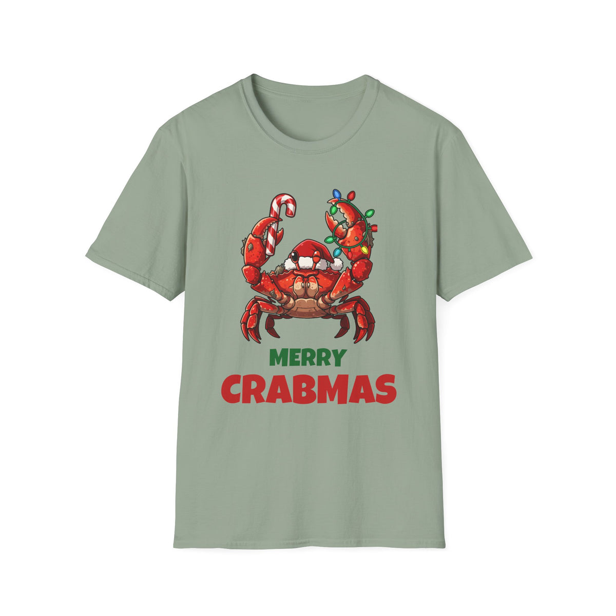 Merry Crabmas Christmas t-shirt in Sage, front view