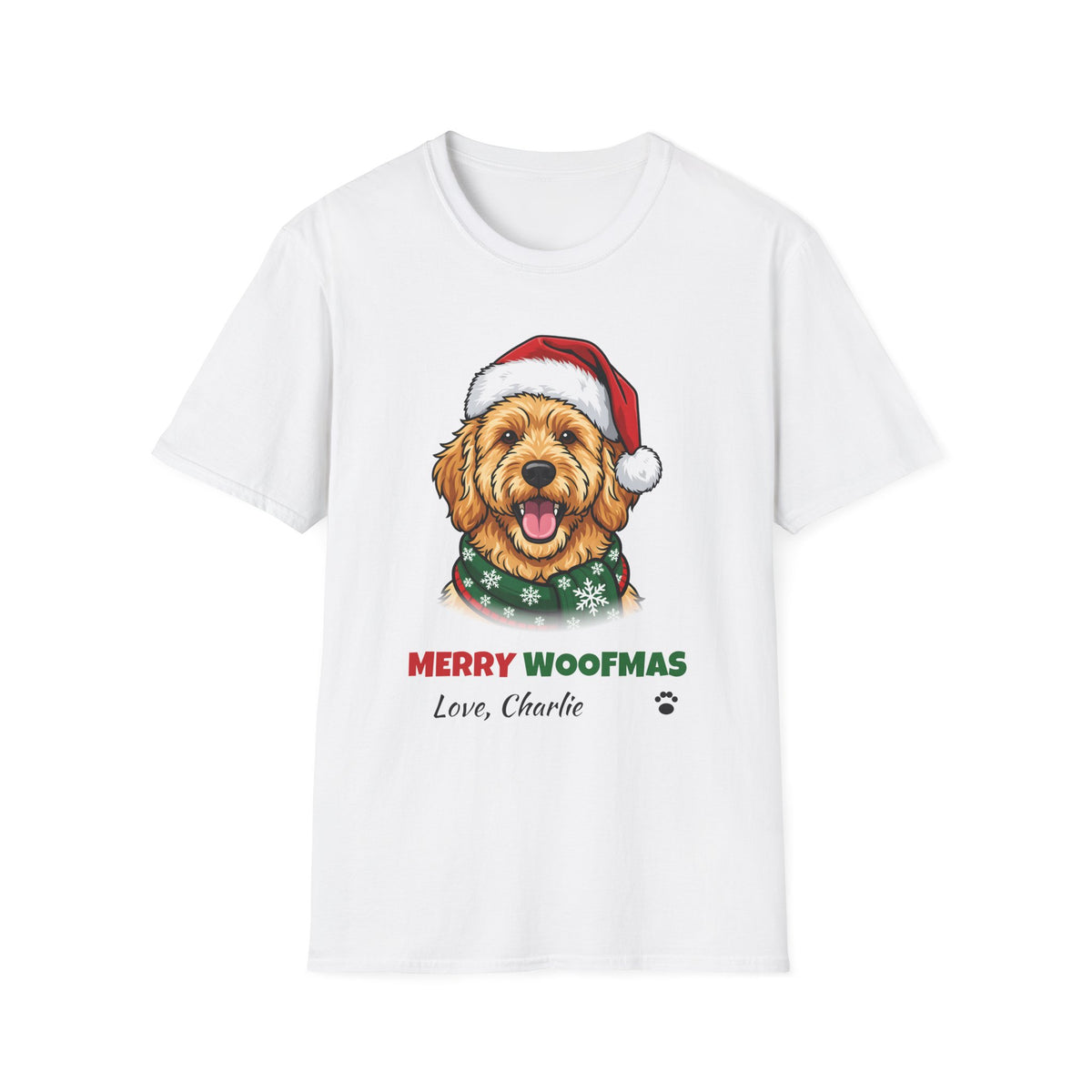 Merry Woofmas Goldendoodle Christmas t-shirt in White, front view