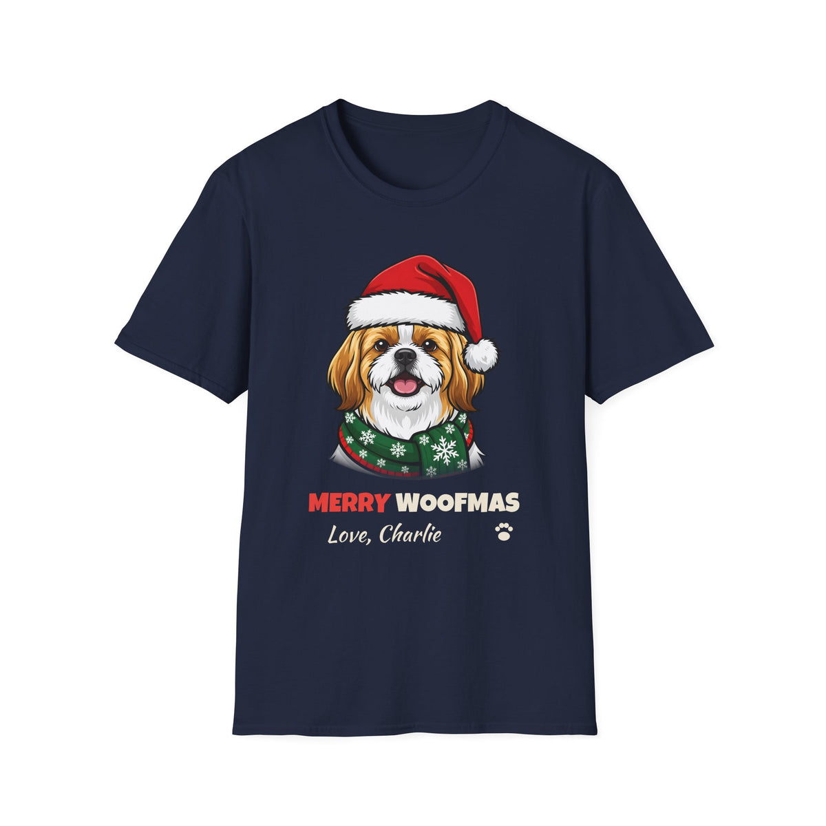 Merry Woofmas Shih Tzu Christmas t-shirt in Navy, front view