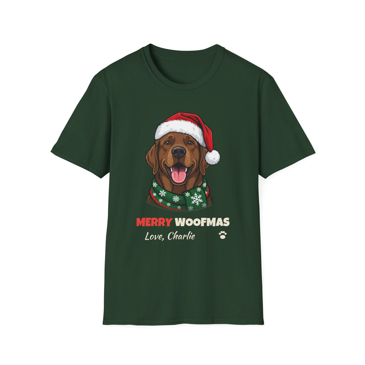 Merry Woofmas Chocolate Labrador Christmas t-shirt in Forest Green, front view
