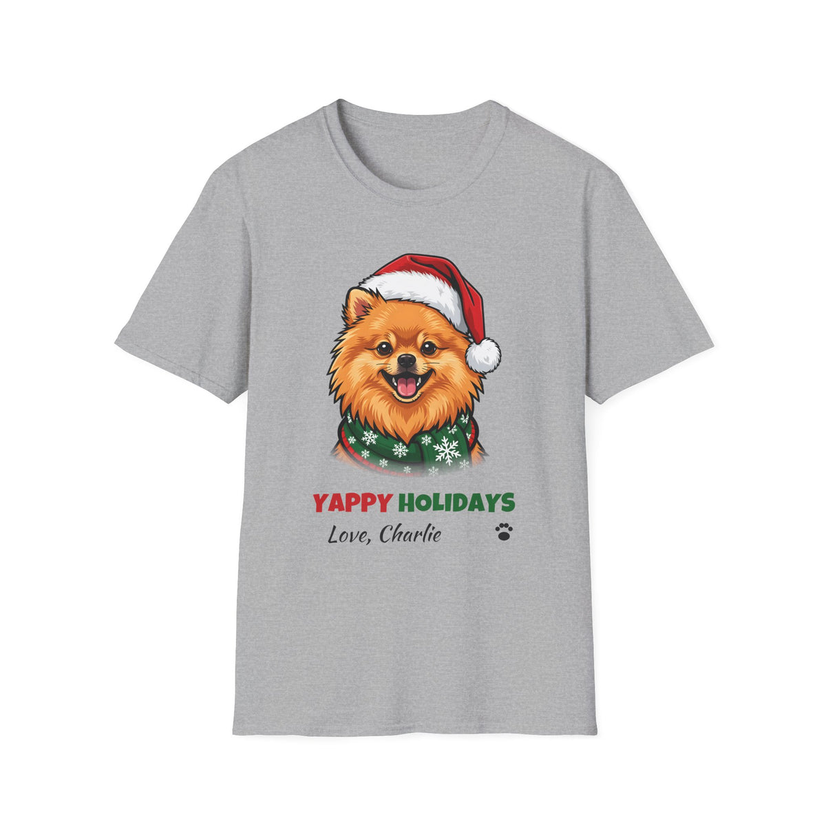 Yappy Holidays Pomeranian Christmas t-shirt in Sport Gray, front view