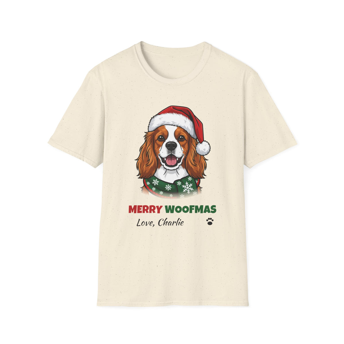 Merry Woofmas Cavalier King Charles Spaniel Christmas t-shirt in Natural, front view