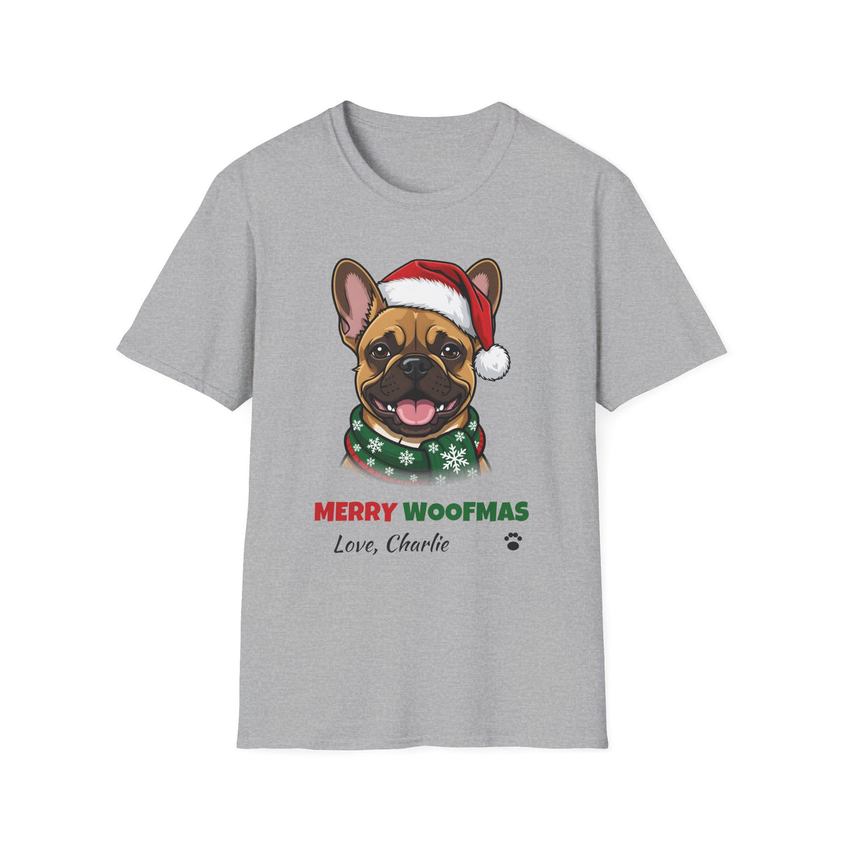 Merry Woofmas French Bulldog Christmas t-shirt in Sport Gray, front view
