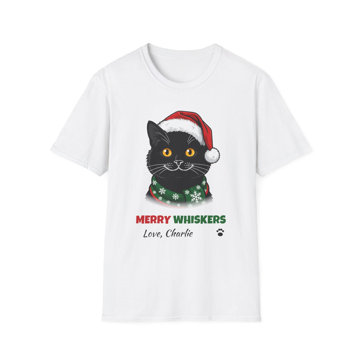 Merry Whiskers Black Cat Christmas t-shirt in White, front view