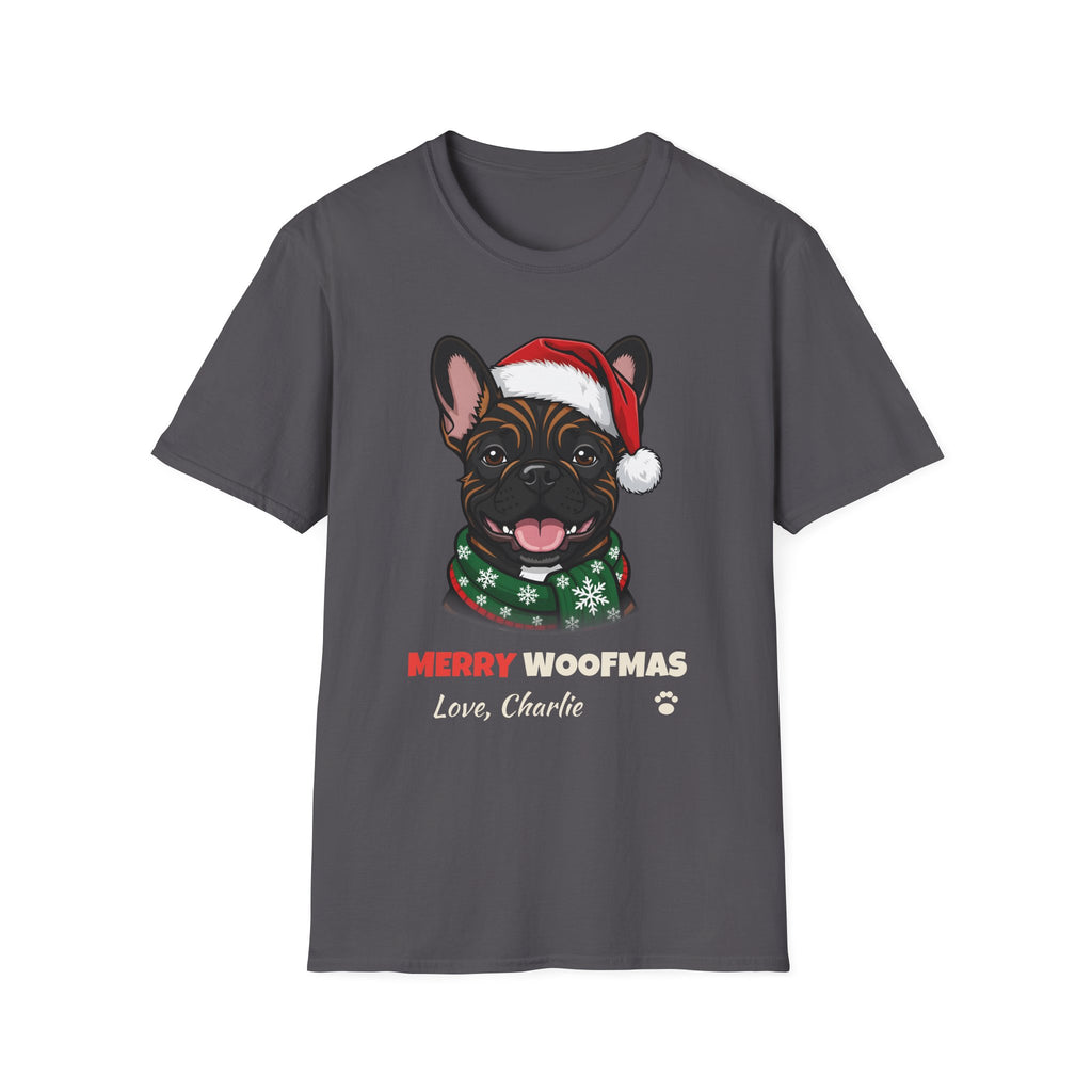 Merry Woofmas Brindle French Bulldog Christmas t-shirt in Charcoal, front view