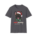 Merry Woofmas Brindle French Bulldog Christmas t-shirt in Charcoal, front view