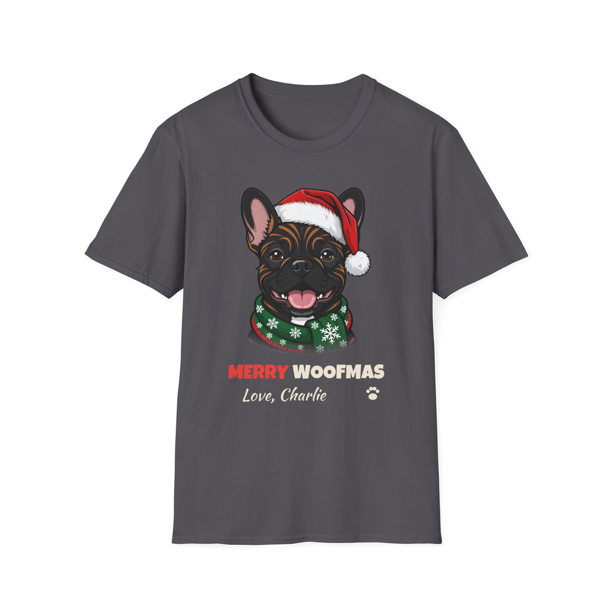 Merry Woofmas Brindle French Bulldog Christmas t-shirt in Charcoal, front view