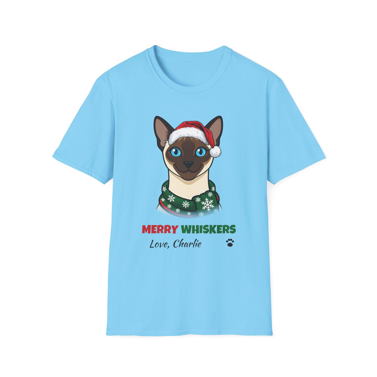 Merry Whiskers Siamese Cat Christmas t-shirt in Sky, front view