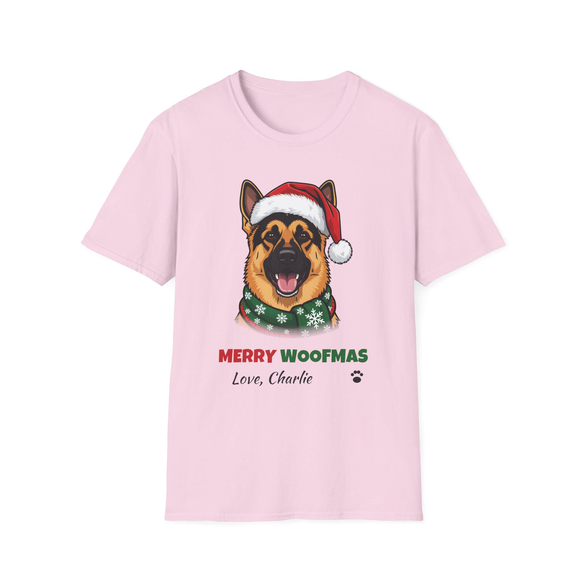 Merry Woofmas German Shepherd Christmas t-shirt in Light Pink, front view