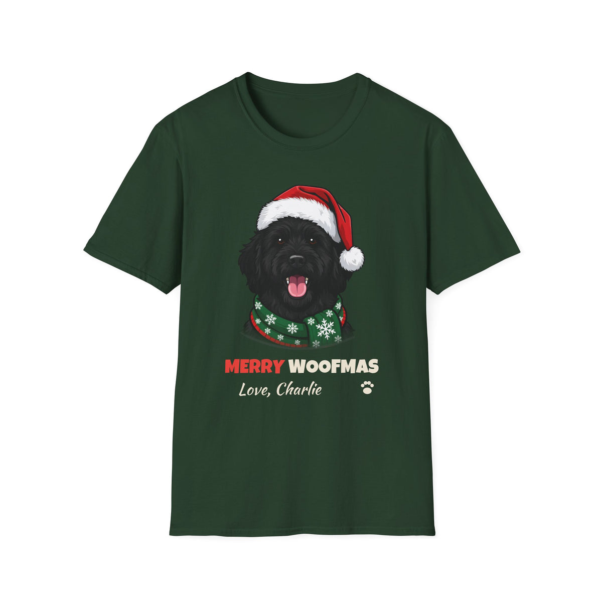 Merry Woofmas Black Goldendoodle Christmas t-shirt in Forest Green, front view