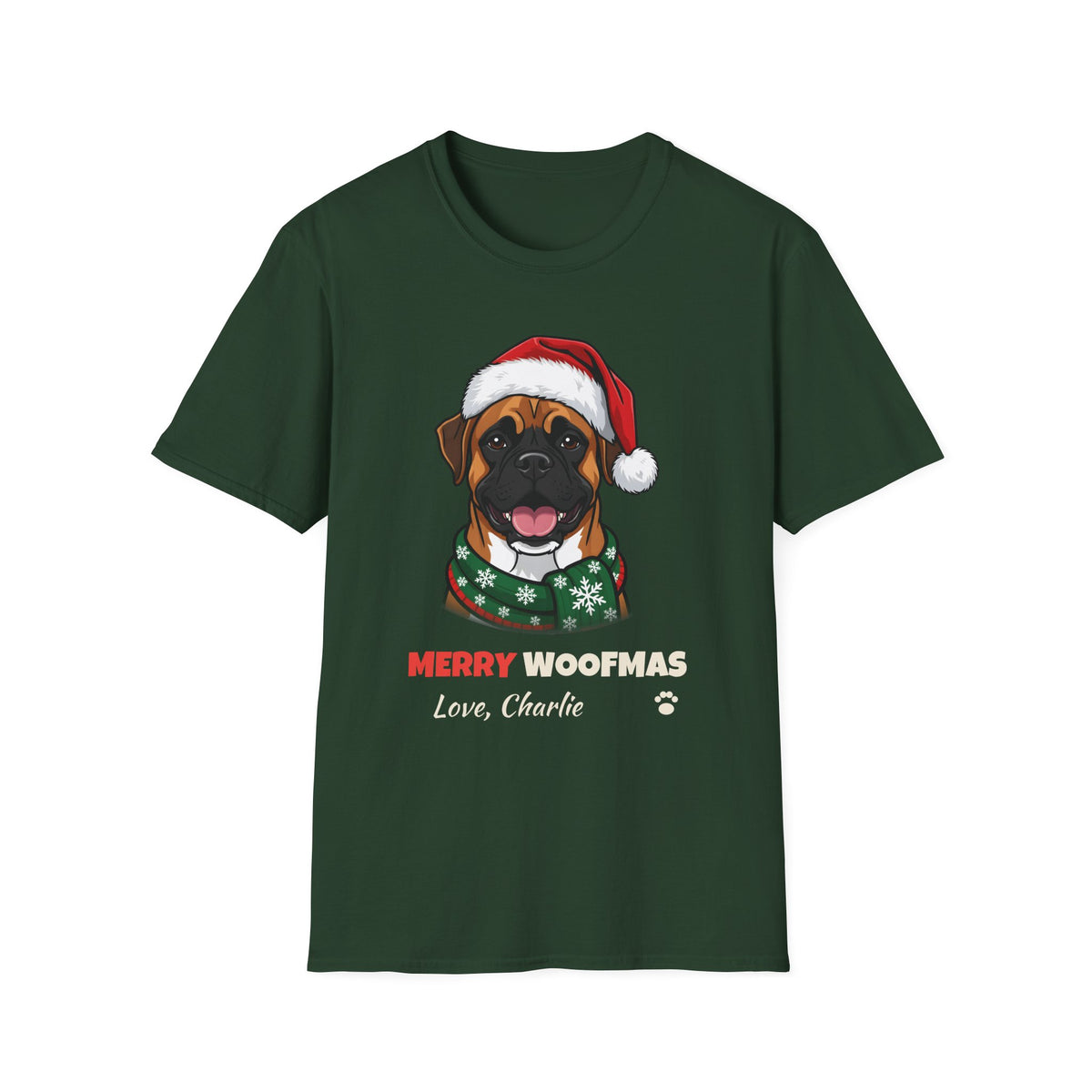 Merry Woofmas Boxer Christmas t-shirt in Forest Green, front view