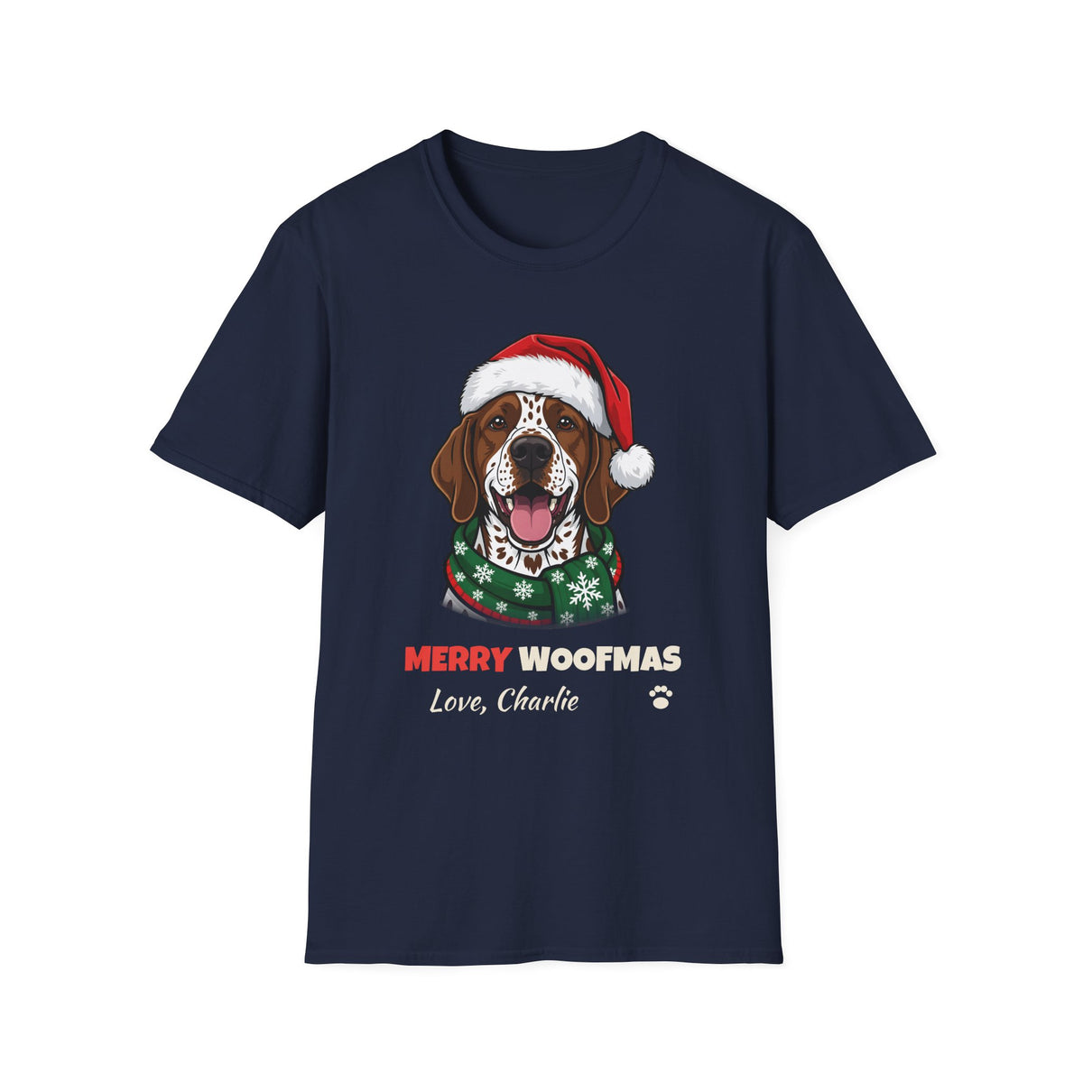 Merry Woofmas German Shorthaired Pointer Christmas t-shirt in Navy, front view
