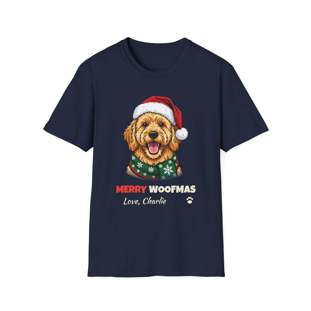 Merry Woofmas Goldendoodle Christmas t-shirt in Navy, front view